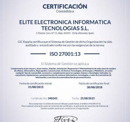 ELITE renueva sus certificaciones ISO9001, ISO14001 y ISO27001